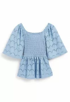 Next Damen BRODERIE SHORT SLEEVE SQUARE NECK - Bluse - Blue