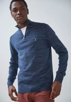 Next Herren LIGHT BLUE MARL ZIP NECK - Strickpullover - Blue