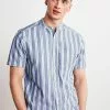 Next Herren SHORT SLEEVE STRIPE - Hemd - Navy Blue Grandad Collar