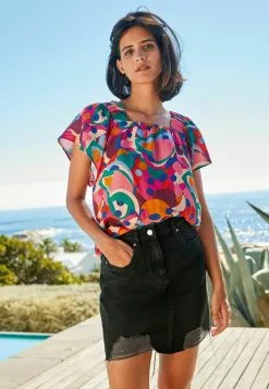 Next Damen FLUTTER SLEEVE SQUARE NECK - Bluse - Pink Geo Print