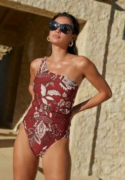 Next Damen ONE SHOULDER - Badeanzug - Berry Red Floral