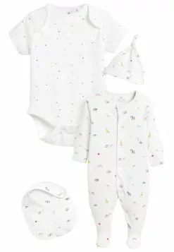 Next Unisex SLEEPSUIT, SHORT SLEEVE BODYSUIT, BIB AND HAT SET - Geschenk Zur Geburt - White