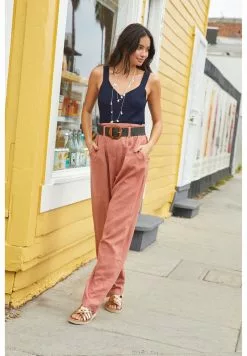 Next Damen BELTED LINEN BLEND - Stoffhose - Chocolate Brown