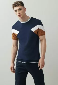 Next Herren BLOCKED - T-Shirt Print - Navy Blue Tan Brown