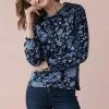 Next Damen LONG SLEEVE SHIRRED - Langarmshirt - Navy Blue Floral
