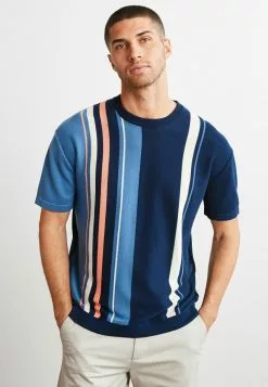 Next Herren KNITTED - T-Shirt Print - Navy Blue Pink Vertical Stripe
